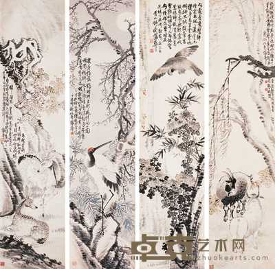 蒲华 1907年作 勇禄寿祥 四屏 238×59cm×4
